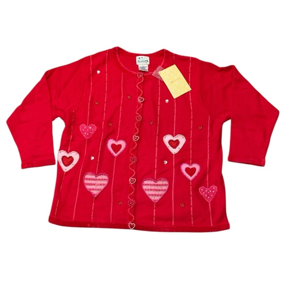 The Quaker Factory Sweaters - Vintage Quaker Factory Beaded Hearts Valentine’s Day Cardigan Size 2X Plus Red